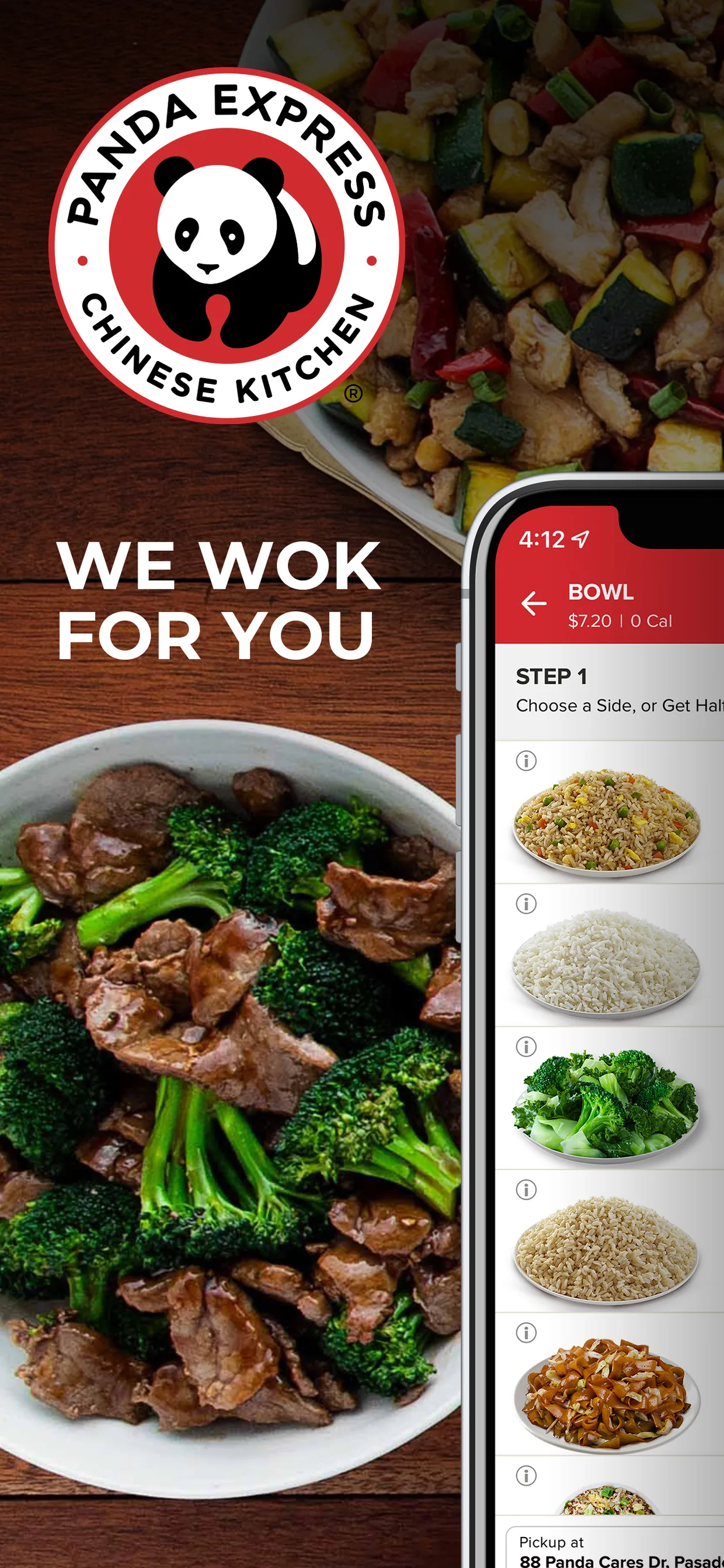 App Store screenshot — “We wok for you,” build-your-meal menu