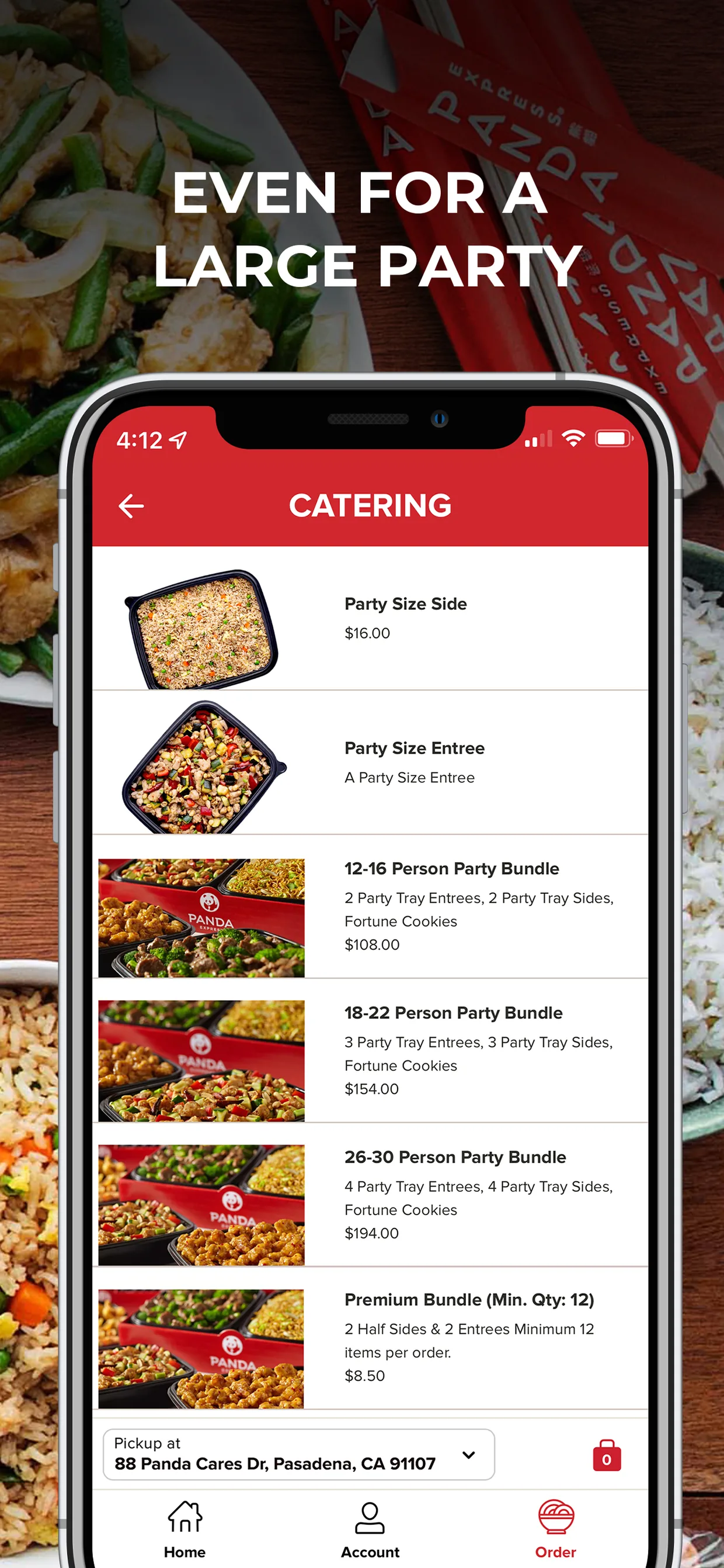 App Store screenshot — “Even for a large party,” catering