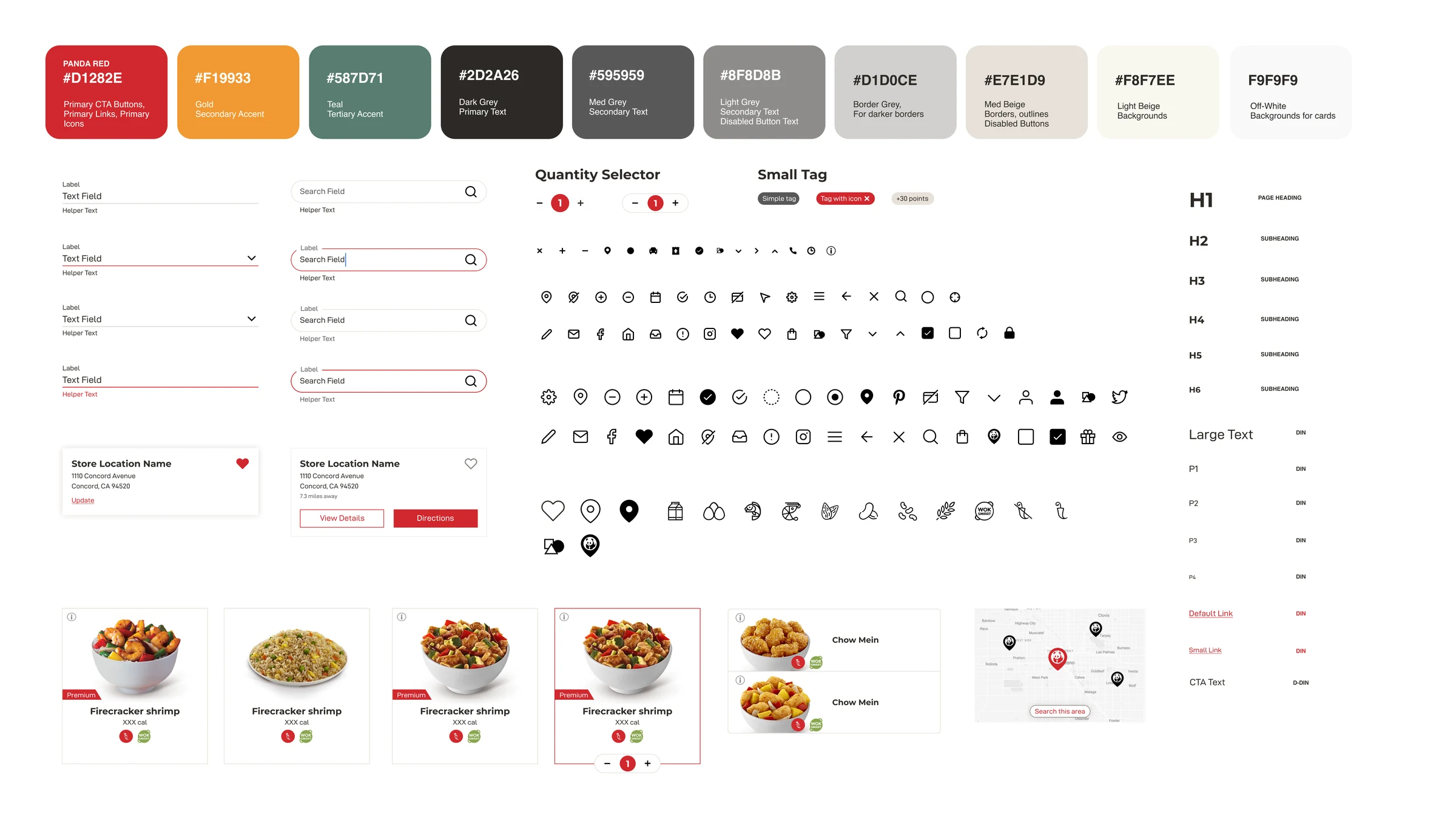 Panda Express component library — colour palette, form fields, tags, icon set, product cards, and type scale