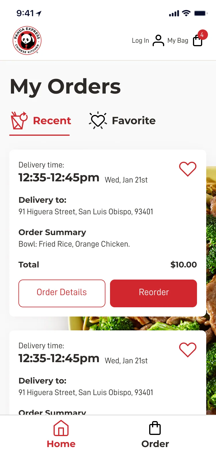 Panda Express app — My Orders