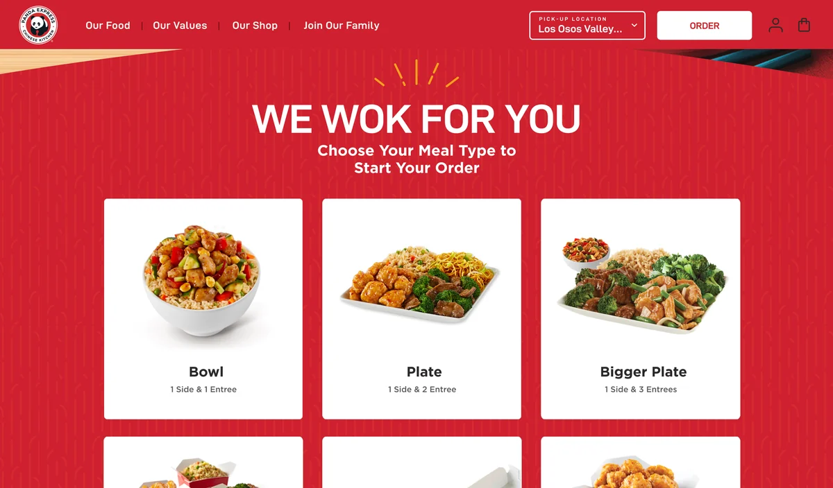 Panda Express MVP homepage — We Wok For You menu