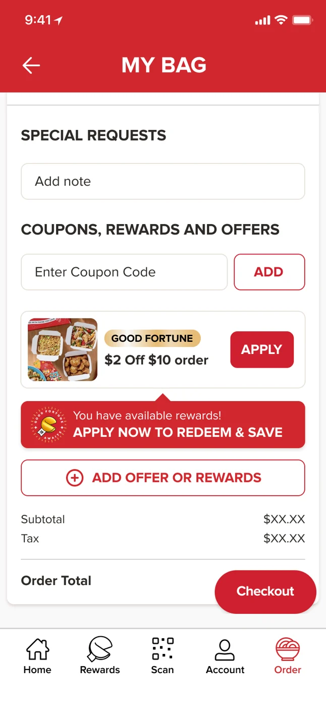 In-app bag with coupons, rewards, and offers applied at checkout