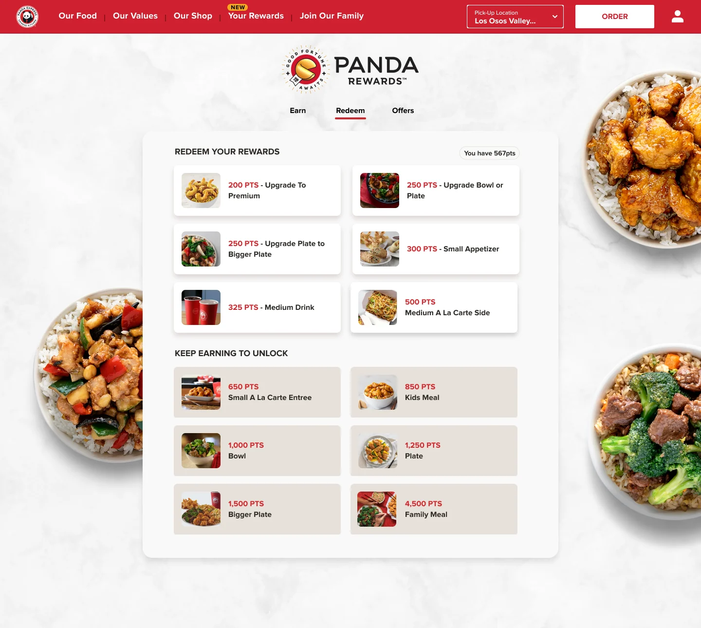 Panda Rewards redemption on the desktop site — the reward catalog with points and menu rewards