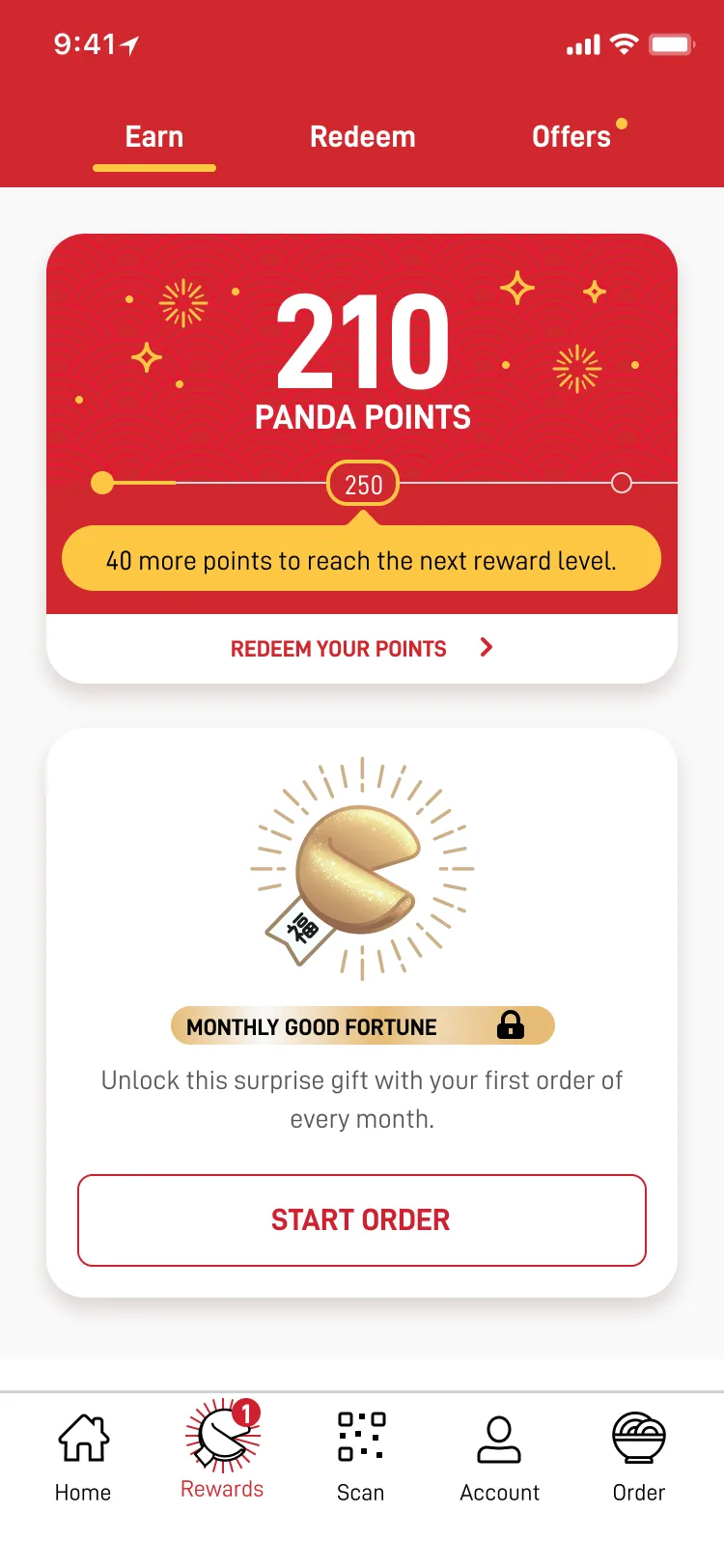 Panda Rewards home at 210 points
