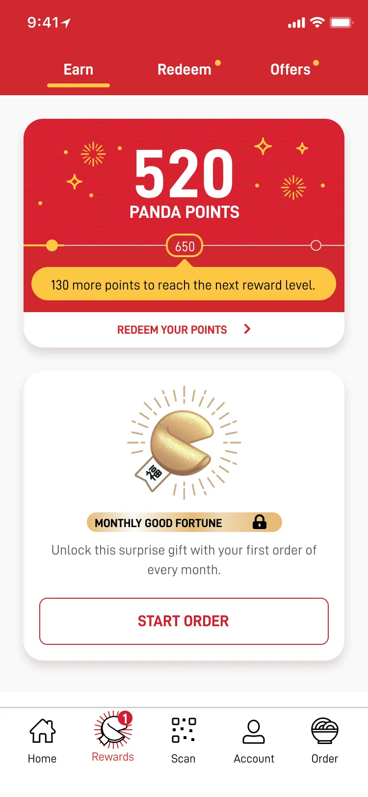 Panda Rewards home at 520 points