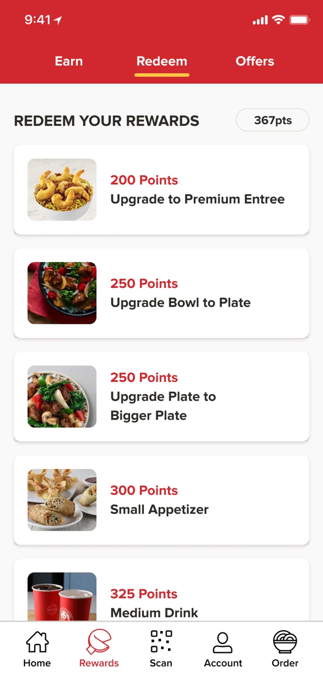 Redeem Your Rewards — the points ladder from a premium entrée to a bigger plate