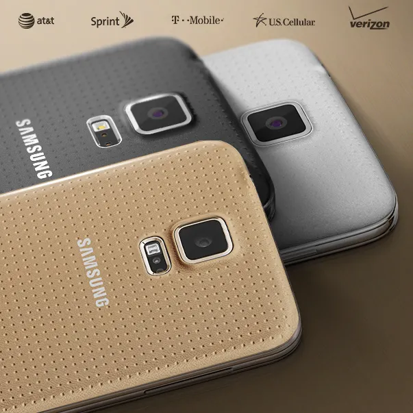 Galaxy S5 in gold, charcoal, and white, stacked