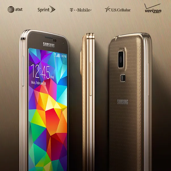 Galaxy S5 gold — front, edge, and back across five carriers