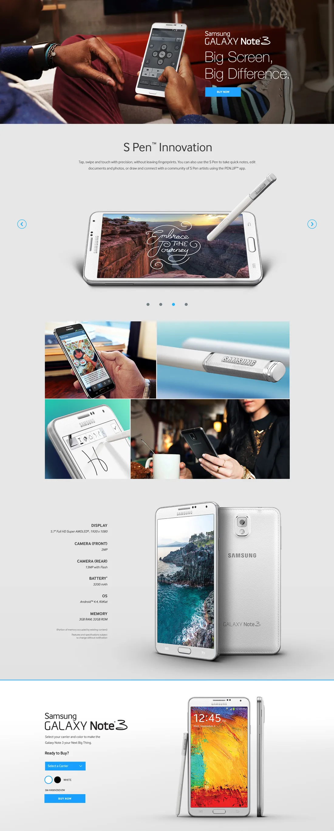 Samsung Galaxy Note 3 product page — “Big Screen, Big Difference”
