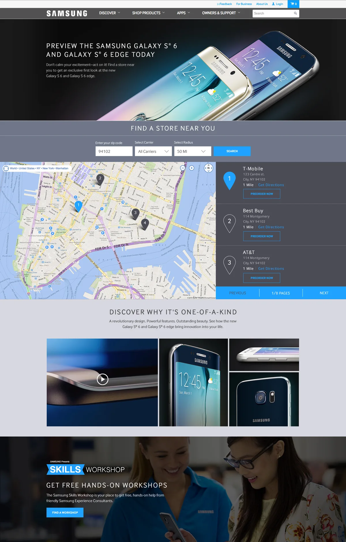 Samsung Galaxy S6 store page with the find-a-store locator