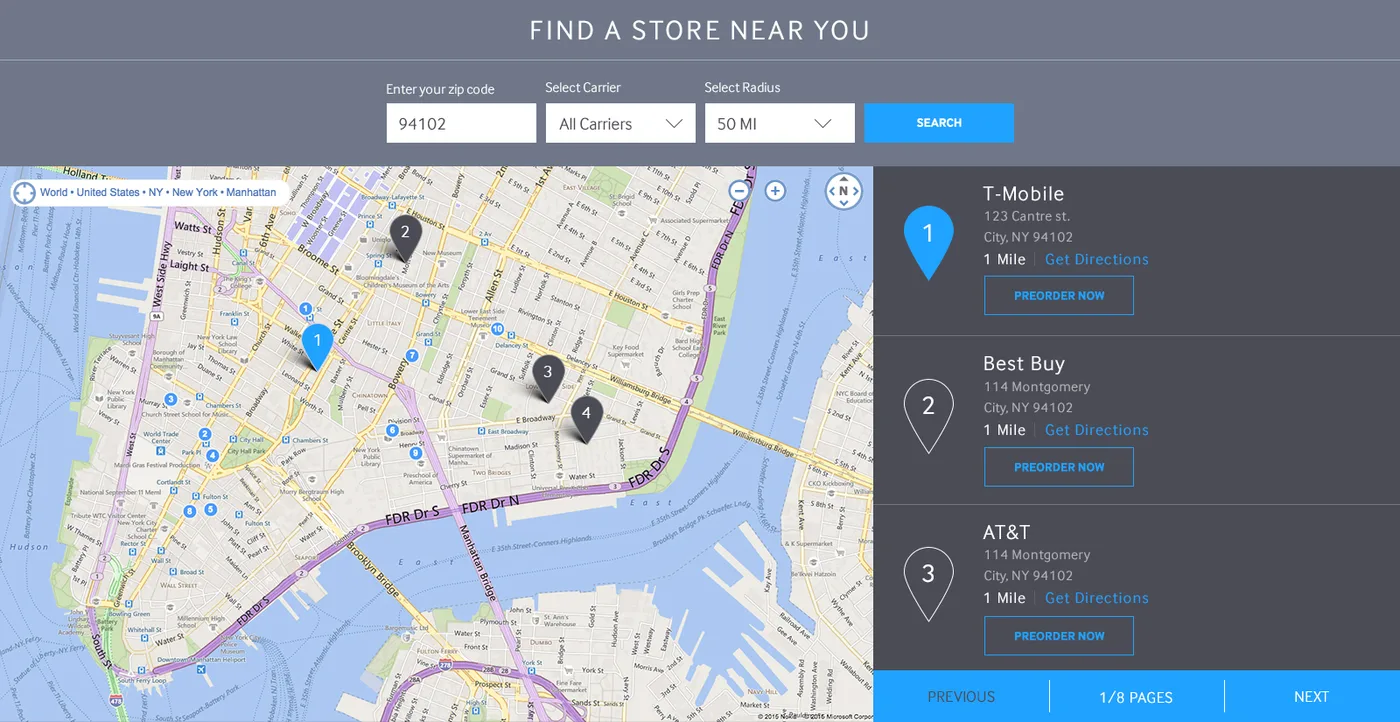 S7 find-a-store locator panel