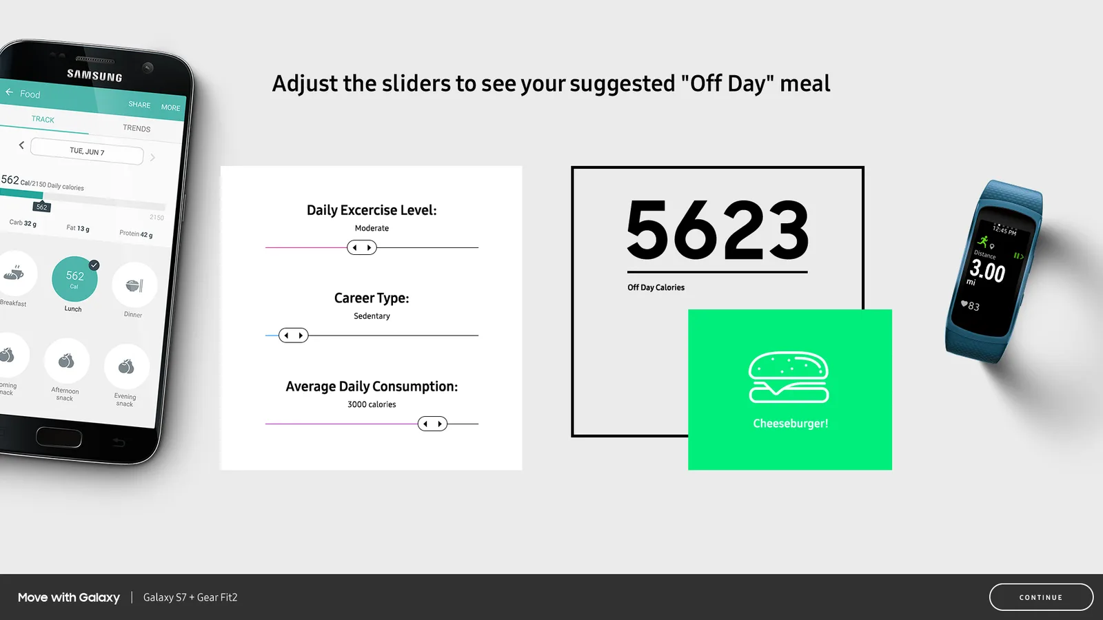 In-store table screen — “Off Day” meal calculator with Gear Fit